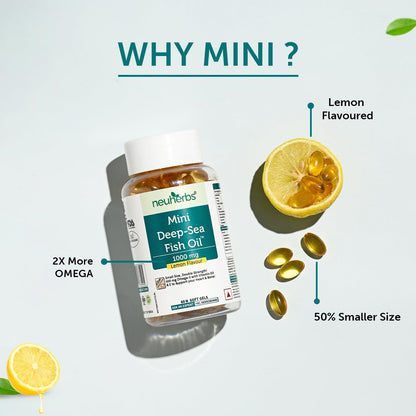 Neuherbs Mini Deep Sea Omega 3 Fish Oil Capsules 1000mg Supplement | EPA - 360mg, DHA - 240mg | With Vitamin E & D3 | Suppots Heart, Brain, Muscle & Joint Health| Lemon Flavour - 120 Softgels