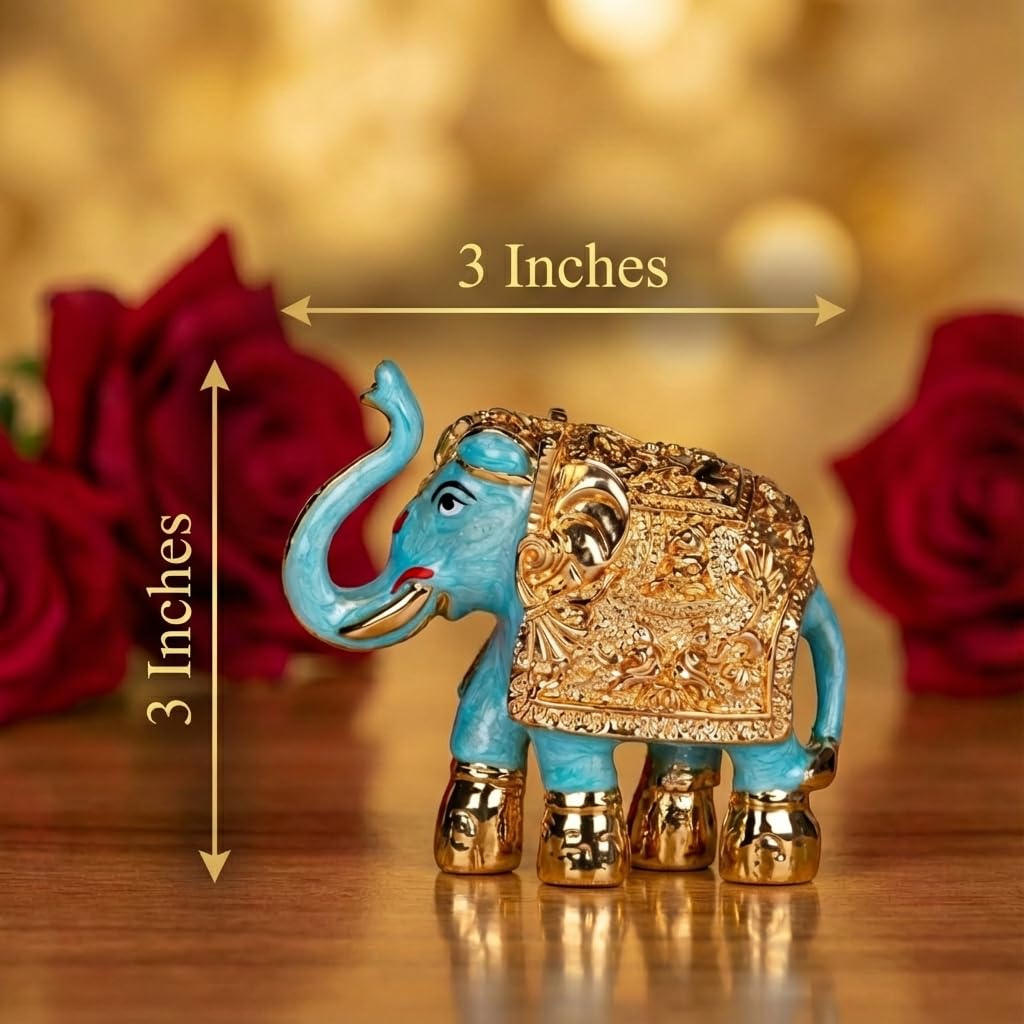 Gold Plated Trunk Up Elephant Idol Showpiece for Vastu, Prosperity, Good Luck, Gifting for House Warming and Home Decor(1, Blue)