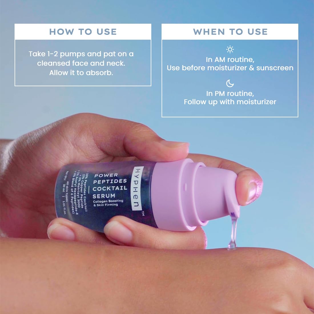 Hand holding a bottle of serum with usage instructions on a blue background