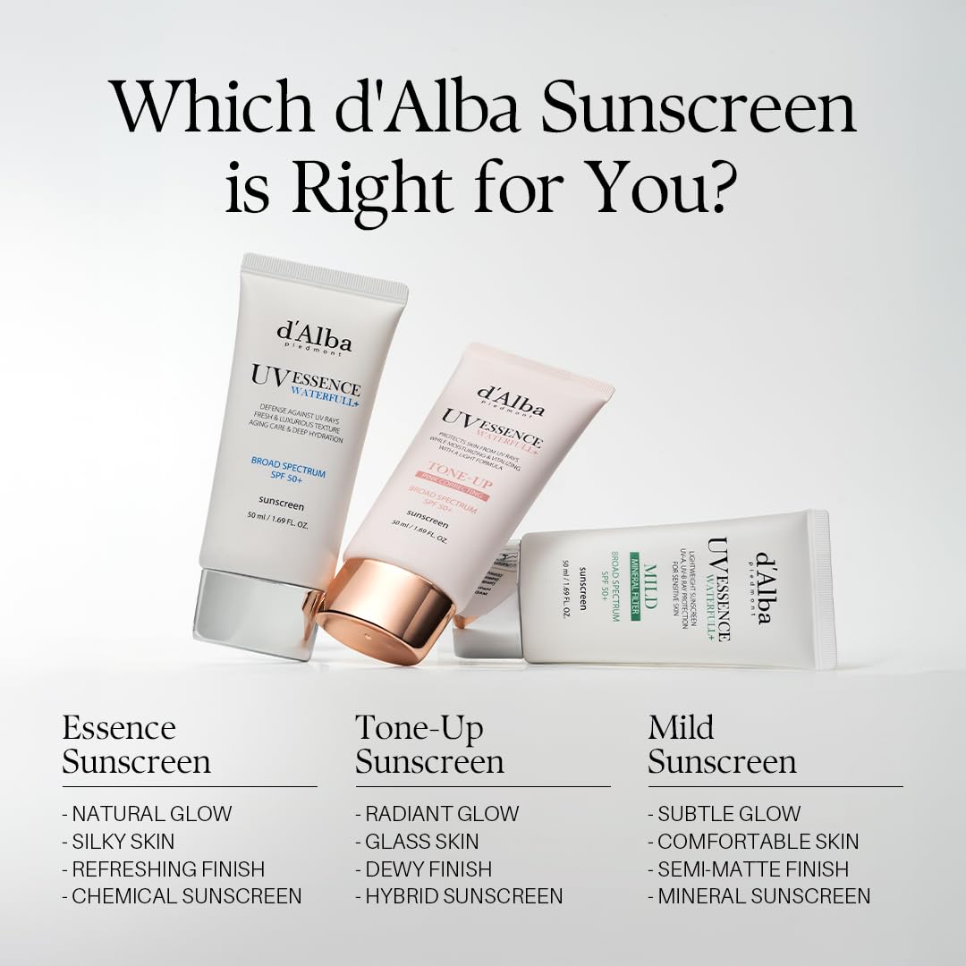 d'alba Piedmont Italian White Truffle Waterfull Essence Sunscreen, Vegan Skincare, Lightweight Sunscreen with BROAD SPECTRUM SPF 50+, Glowy, Safe for all Skin Types, Korean Skin Care - 50 ml