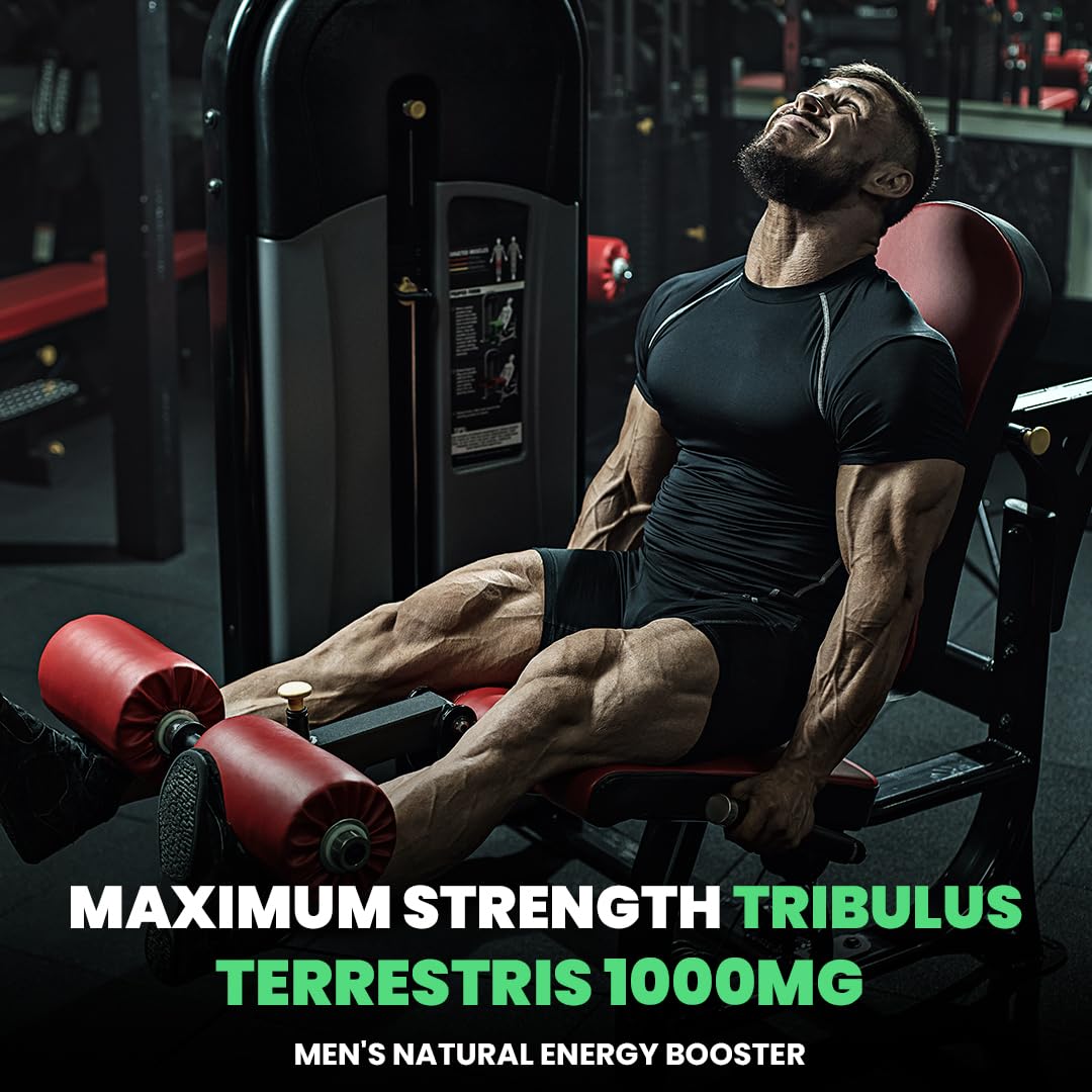 Muscular man in a gym using leg press equipment with text about Maximum Strength Tribulus Terrestris 1000MG.