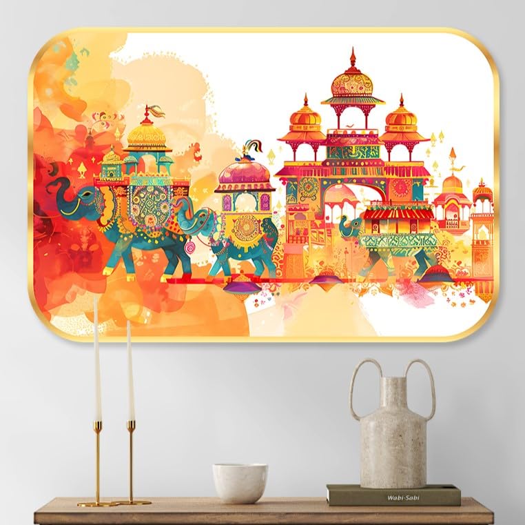 elephant modern art Premium Sparkle Lamination Finished Surface Golden Slim Frame 35 cm x 28 cm Large Size, For Home/Office/Hotel painting KG43