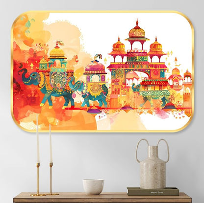 elephant modern art Premium Sparkle Lamination Finished Surface Golden Slim Frame 35 cm x 28 cm Large Size, For Home/Office/Hotel painting KG43