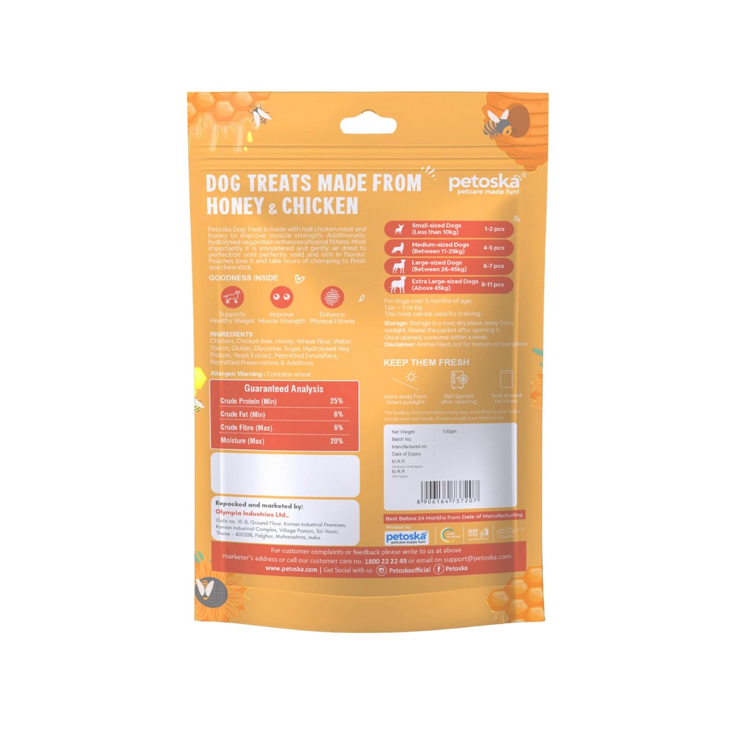 PETOSKA Chicken Honey Sticks- 100gms | Crunchy Dog Treats | Made with Natural Honey & Chicken | Highly Nutritious | Easy to Digest | Enhances Physical Health | Suitable for All Dog Breeds | Pack of 1