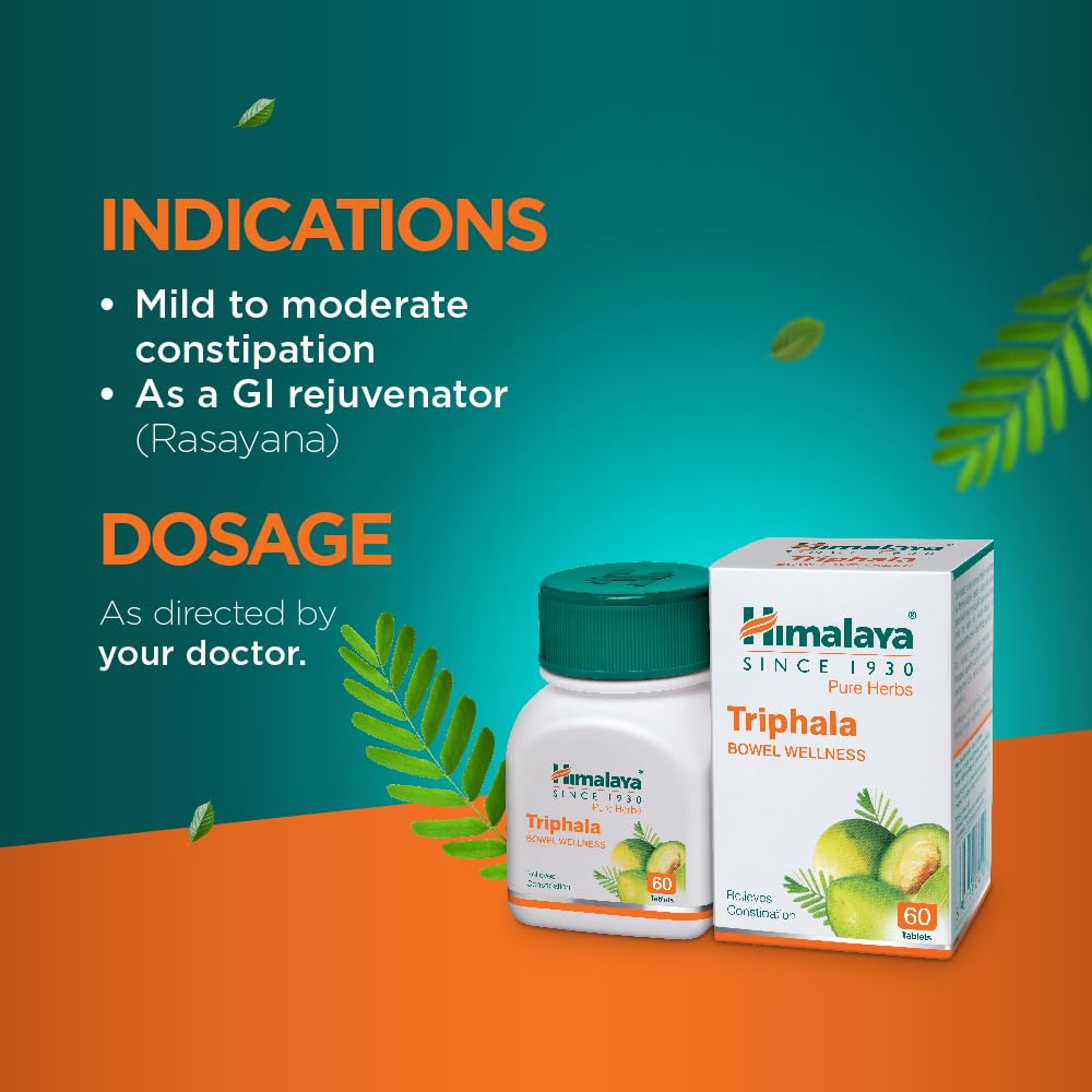 Himalaya Triphala supplement bottle and packaging on a green and orange background