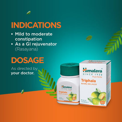 Himalaya Triphala supplement bottle and packaging on a green and orange background