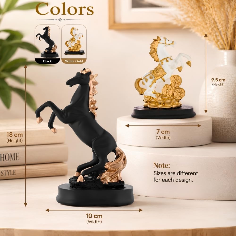 Lucky Horse Showpiece for Home Decor | White & Gold Rearing Horse Figurine with Coins Resin Decorative Statue for Office Desk Living Room Shelf Table Feng Shui Vastu Gift Item