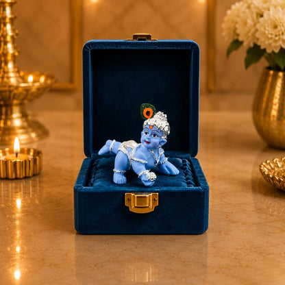 Gold Art India 999 Silver Plated Blue Laddu Gopal Idol | Premium Velvet Gift Box | Bal Krishna Murti for Home Temple & Office | 2.5 Inch