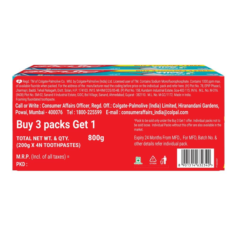 Colgate Active Salt Buy 3 Get 1 Free, 800g (200g x 4, Pack of 4) Toothpaste, Daily Germ Protection, Toothpaste with Salt & Mint, Healthy Gums & Teeth, Fights Germs & Eliminates Bad Breath