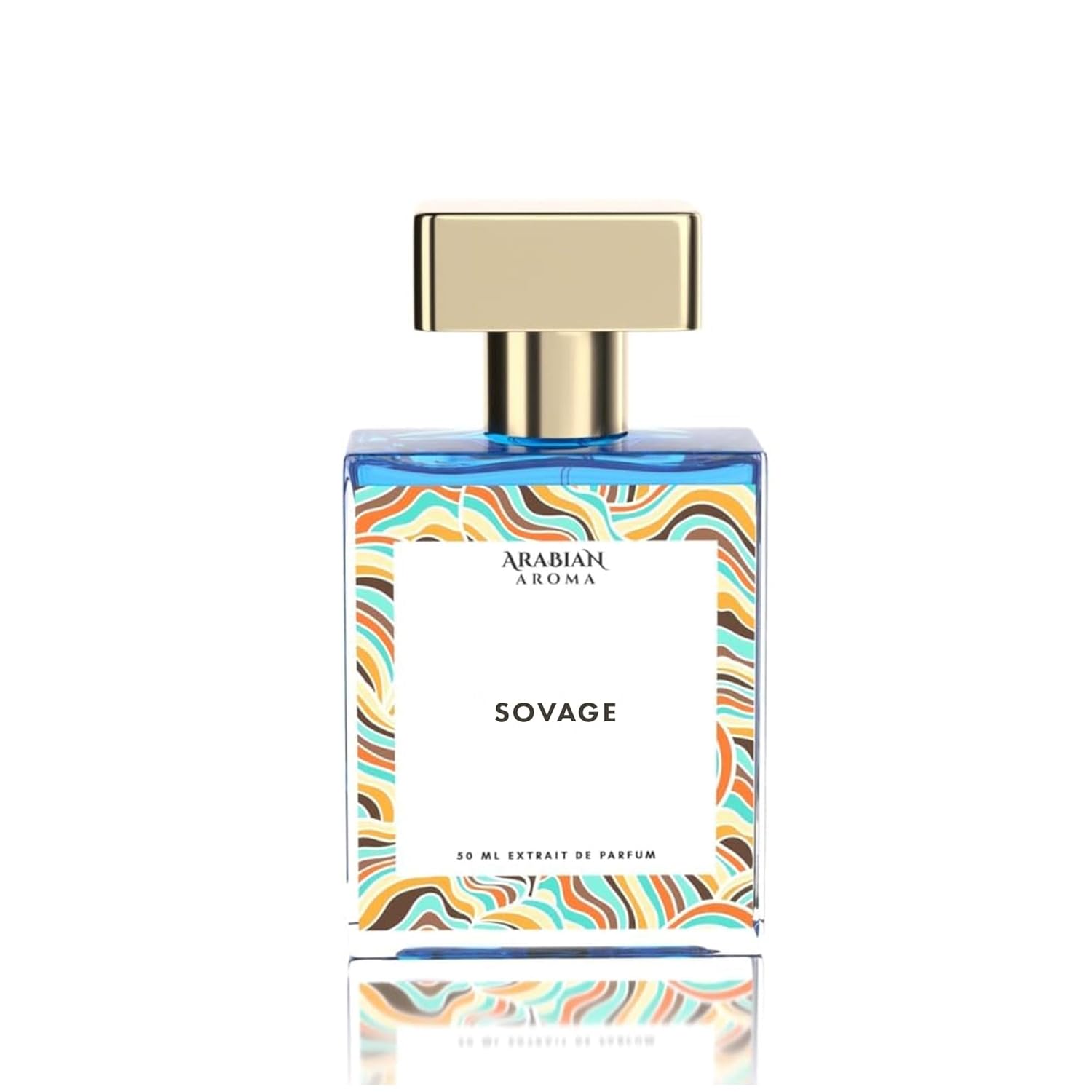 Perfume bottle with colorful label and gold cap on white background