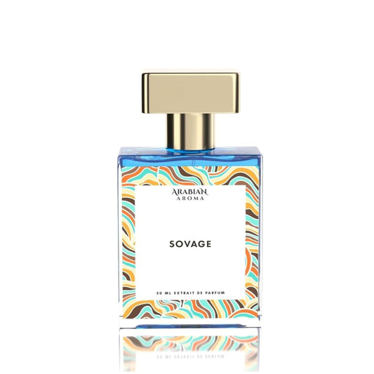 Perfume bottle with colorful label and gold cap on white background