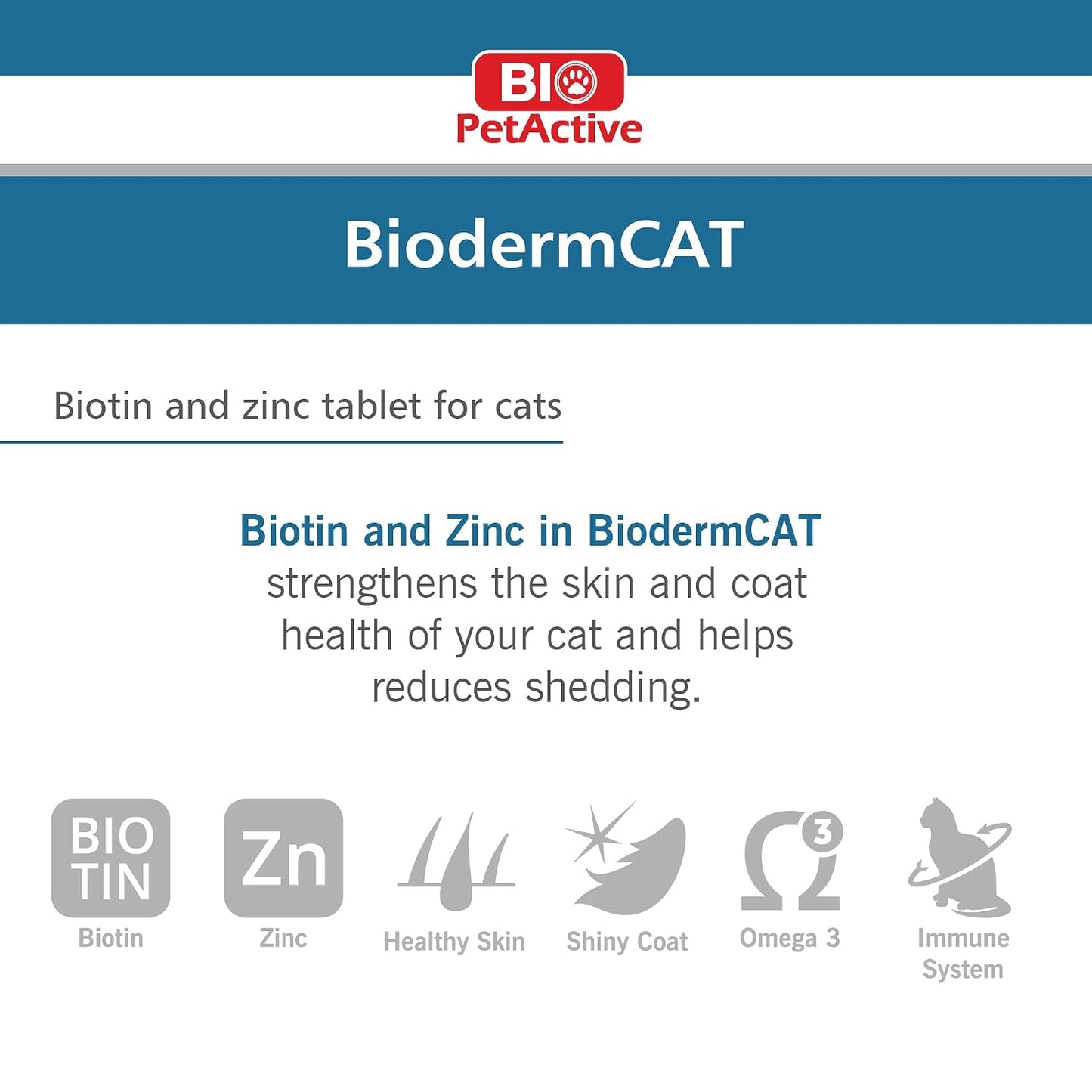 BioPet Active Bioderm Cat Biotin & Zinc Tablets – 30 Count, 0.3g Each, Enhances Gut Health & Promotes Healthy Skin for Cats