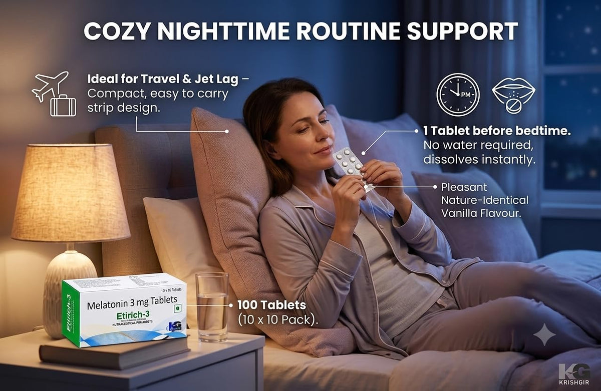 Etirich-3 Melatonin 3 mg Mouth Dissolving Chewable Tablet (100 Tablets) Deep Sleep Support, Non Habit Forming, Helps Regulate Sleep-Wake-Cycle, Sleeping Aid Nutrition Supplement, Vanilla flavoured