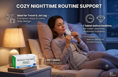 Etirich-3 Melatonin 3 mg Mouth Dissolving Chewable Tablet (100 Tablets) Deep Sleep Support, Non Habit Forming, Helps Regulate Sleep-Wake-Cycle, Sleeping Aid Nutrition Supplement, Vanilla flavoured