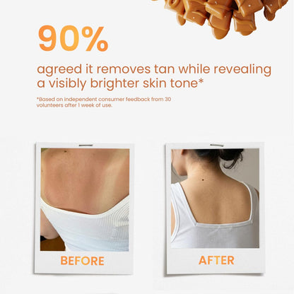 Before and after comparison of skin tan removal with text on a white background