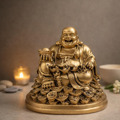 Laughing Buddha Statue for Gift, Home Decor & Good Luck |Feng Shui Buddha Idol for Wealth, Prosperity & Positivity|Vastu Showpiece Item for Office & Living Room (5 Inches | Resin | Golden)