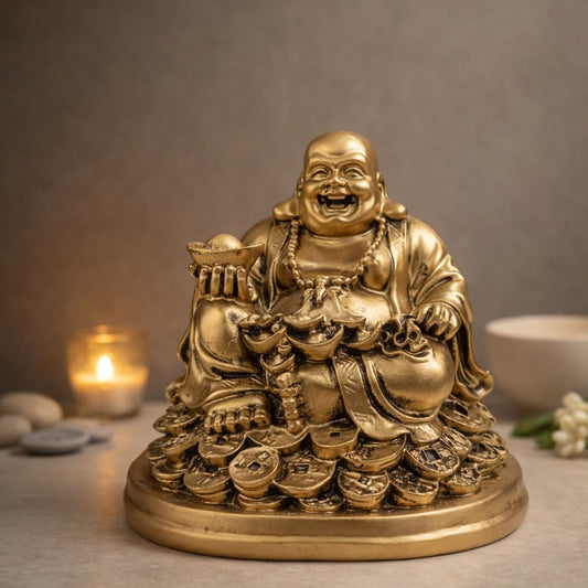 Laughing Buddha Statue for Gift, Home Decor & Good Luck |Feng Shui Buddha Idol for Wealth, Prosperity & Positivity|Vastu Showpiece Item for Office & Living Room (5 Inches | Resin | Golden)