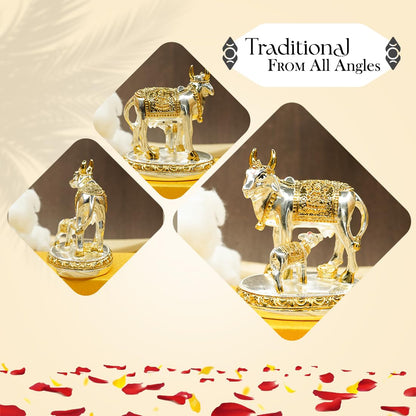 24 Carat Gold and 999 Silver Plated Kamdhenu Cow with Calf Vastu Idol | Gomatha Statue for Pooja | Silver Cow Calf Idol for Home Decor, Feng Shui, Good Luck, Gift for Griha Pravesh Ceremony