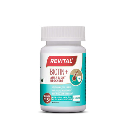 Revital Biotin+ with Amla and DHT Blockers for Hair Growth | Biotin, Amla, Zinc, Vitamin E & Pantothenic Acid | Supports Hair Strength & Skin Health | 50 tablets