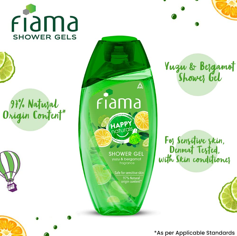 Fiama Happy Naturals Body Wash Shower Gel, 250ml, Yuzu and Bergamot, Body Wash for Women & Men, 97% Natural Origin Content, Safe on Sensitive Skin Bodywash