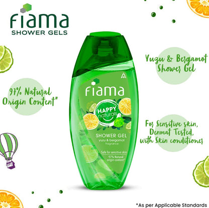 Fiama Happy Naturals Body Wash Shower Gel, 250ml, Yuzu and Bergamot, Body Wash for Women & Men, 97% Natural Origin Content, Safe on Sensitive Skin Bodywash