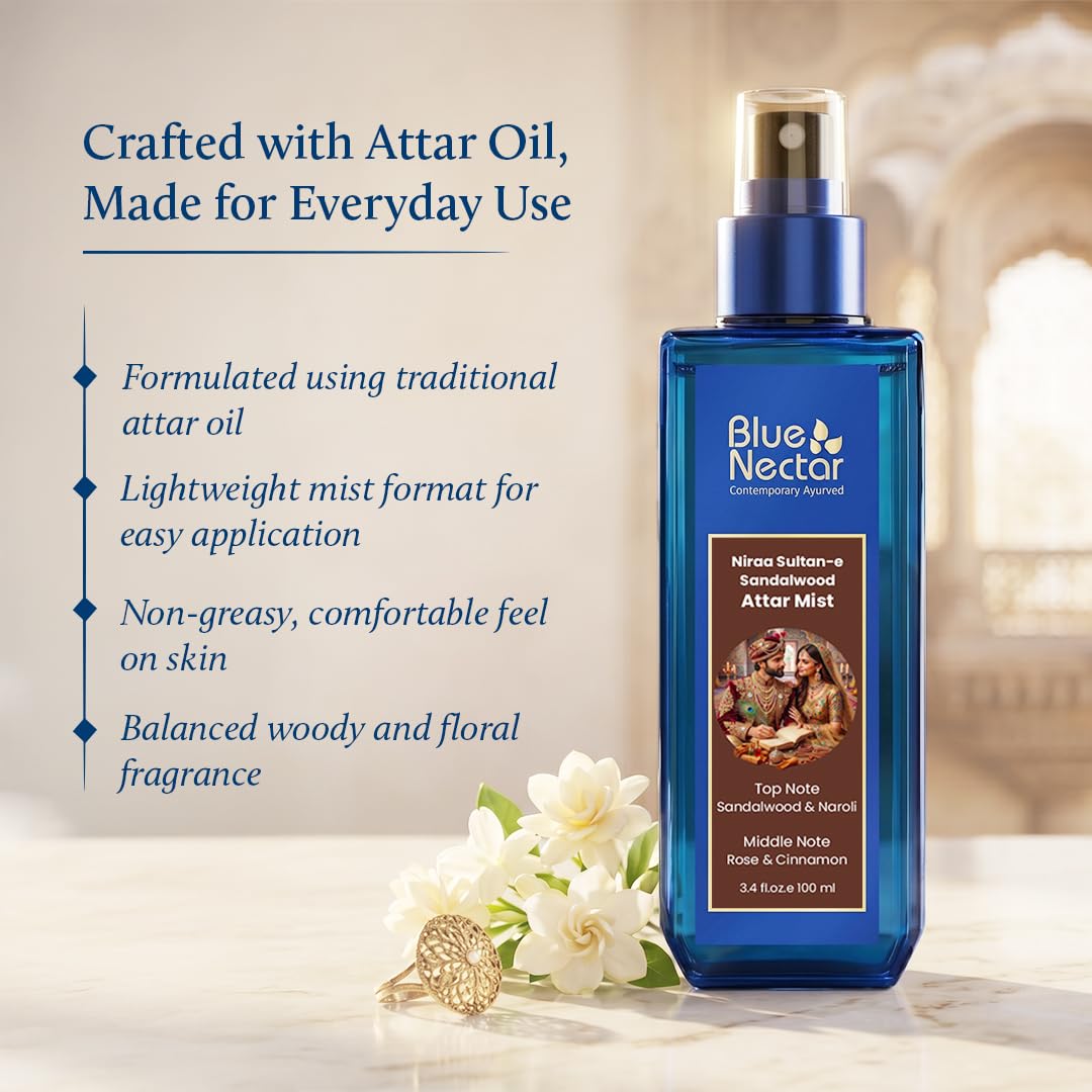Blue Nectar Sultan-e Sandalwood Attar Mist | Perfume Mist for Men & Women| Long Lasting Chandan Attar with Rose & Cinnamon | Woody Floral Body Mist | Travel Friendly (100 ml)