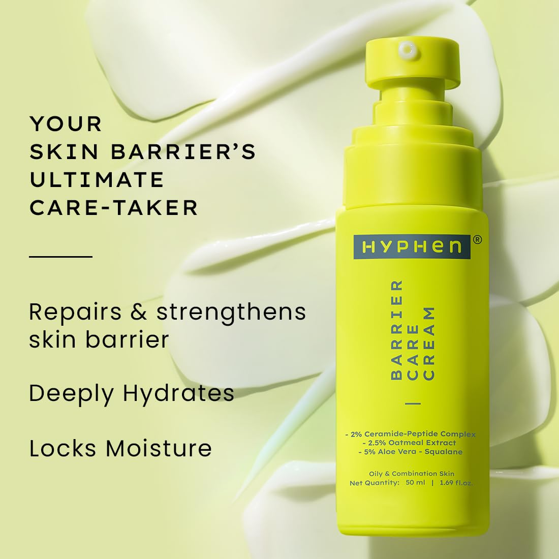 Yellow bottle of Hyphen Barrier Care Cream on a light green background