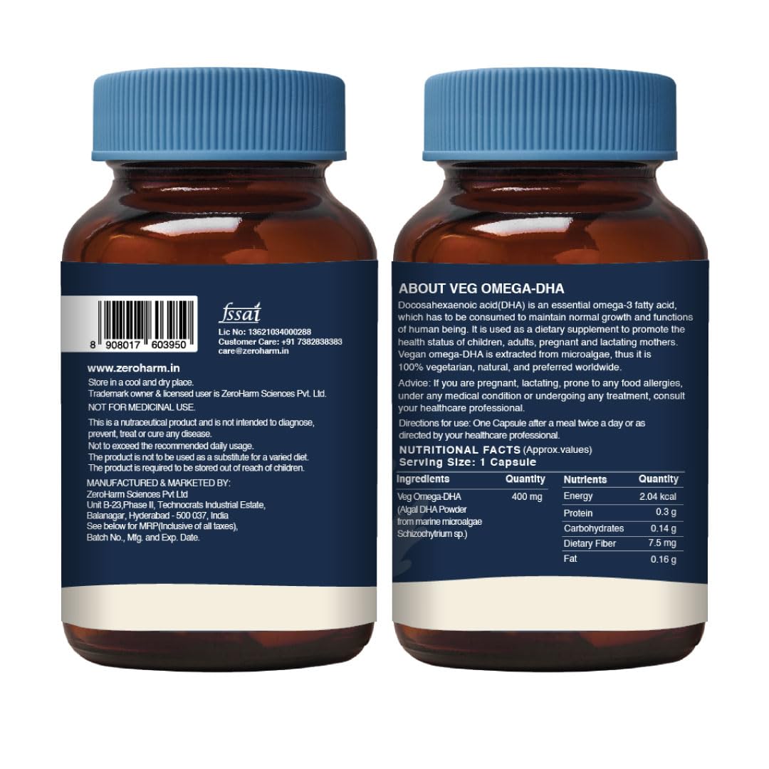 Zeroharm Veg Omega DHA Capsules 400mg | Plant-Based Omega-3 from Algae (Not Fish Oil) | Supports Brain, Heart, Eye & Joint Health | Veg Omega 3 DHA Supplement for Men and Women | 60 Capsules