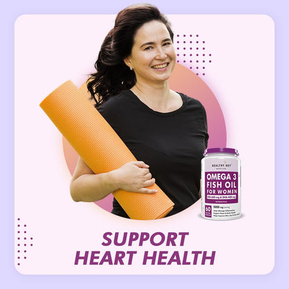 Woman holding a yoga mat with a bottle of Omega 3 Fish Oil for Women on a light purple background