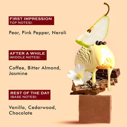 Chocolate bar with a pear and ice cream on top, featuring fragrance notes text.