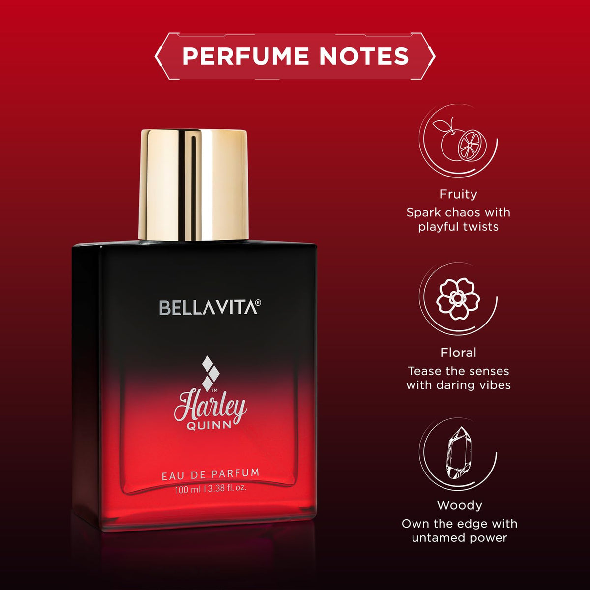 Bellavita Harley Quinn perfume bottle with fragrance notes on a red background