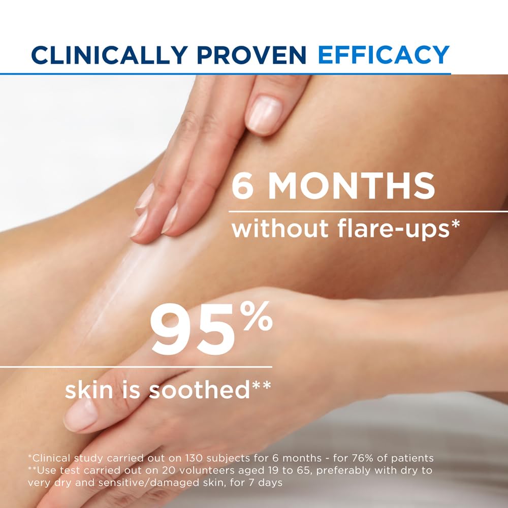Advertisement for a skincare product showing smooth skin and a hand touching it, with text about clinical proven efficacy.