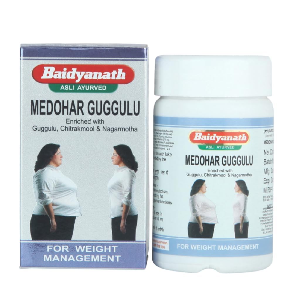 Baidyanath Medohar Guggulu packaging and bottle on a white background