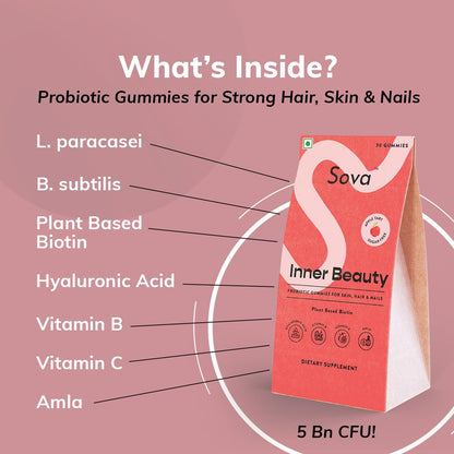 Sova Probiotic Plant Based Biotin Gummies | Acne Prevention & Glowing Skin | Prebiotics + 5 Billion CFUs Probiotics |10000 mcg Plant-Based Biotin, Hyaluronic Acid, Vitamin C, Amla | 30 Vegan Sugarless Gummies | Inner Beauty