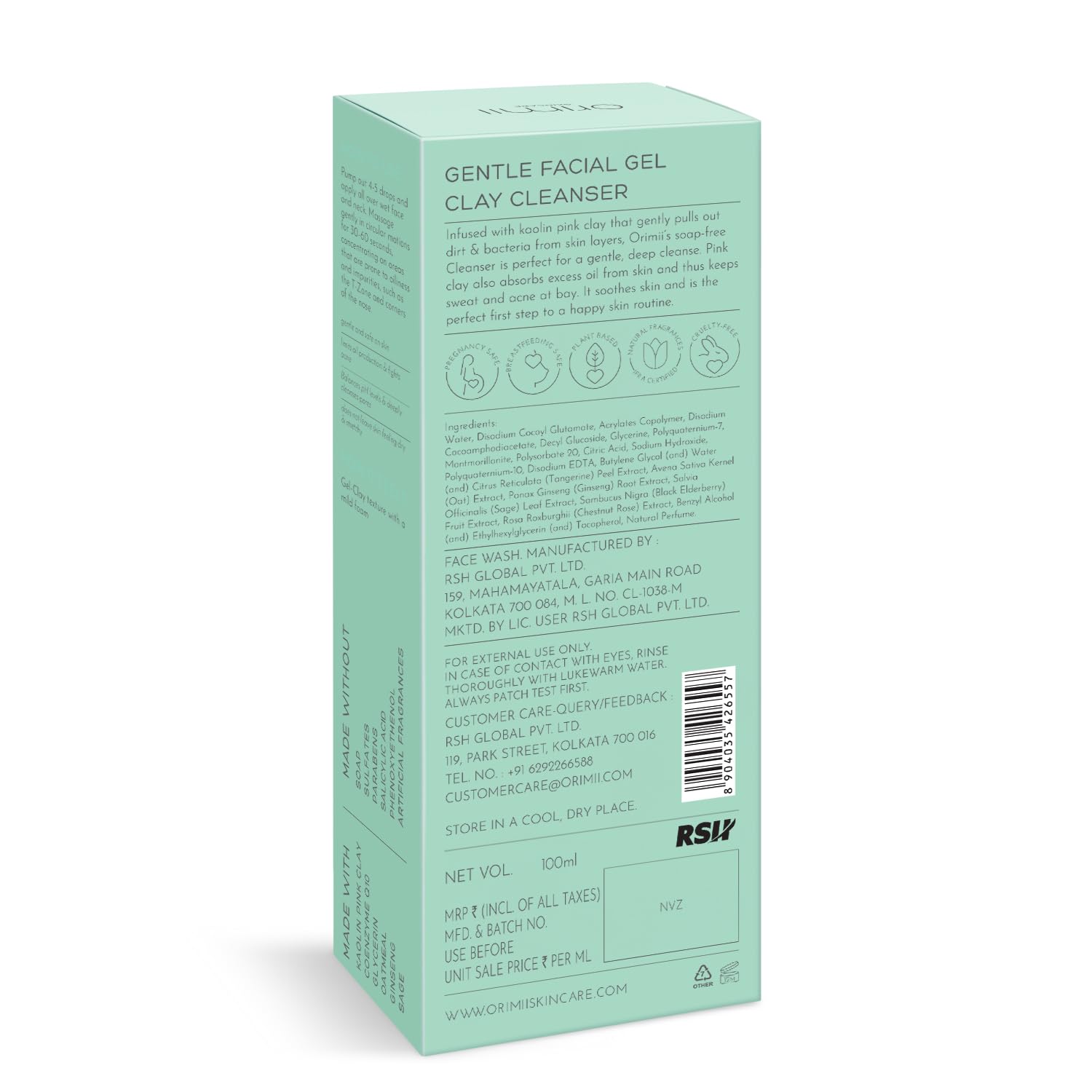 Green box packaging of a gentle facial gel clay cleanser with text and branding on a white background