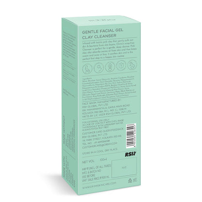 Green box packaging of a gentle facial gel clay cleanser with text and branding on a white background