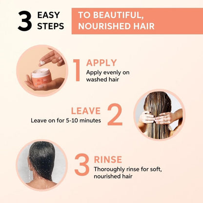 Instructions for applying a hair care product with step-by-step guidance on a light background.