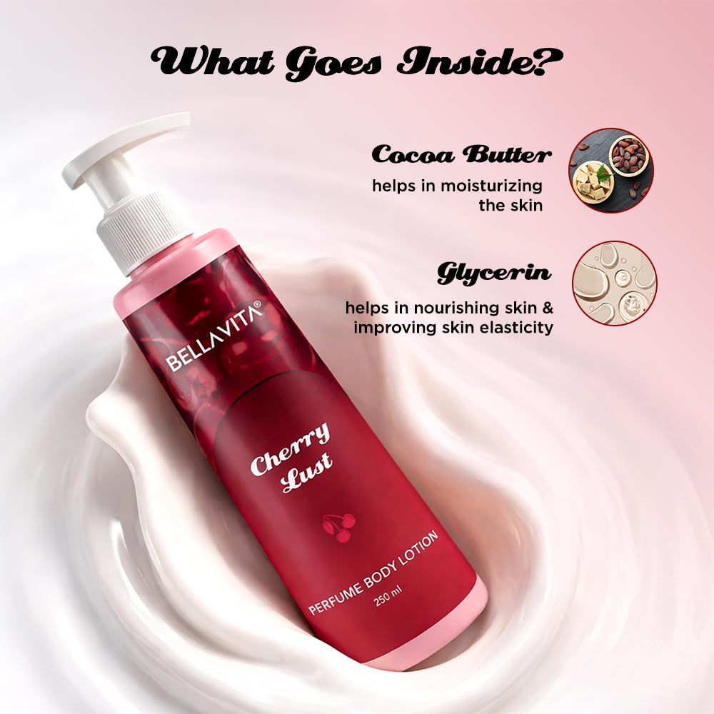 Red and pink Bellavita Cherry Lush perfume body lotion with text about ingredients on a pink background
