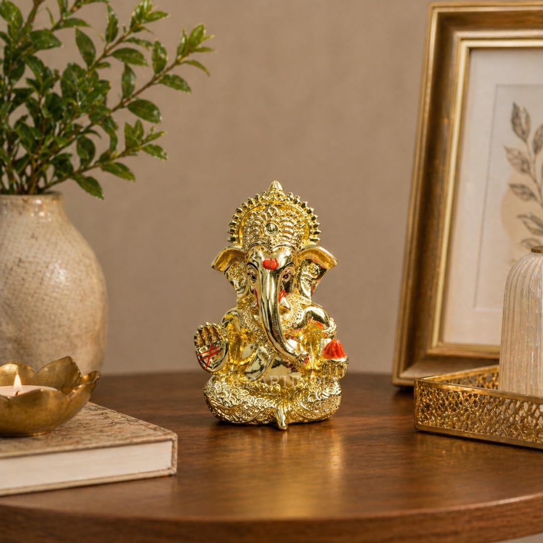 Gold Art India Mukut Ganesha Gold Plated l Ganesh Idol for Car Dashboard | Ganapati Murti for Home Decor | Vinayaka Statute for Puja & Gift 3.2" (GOLDPLATEDMUKUT)