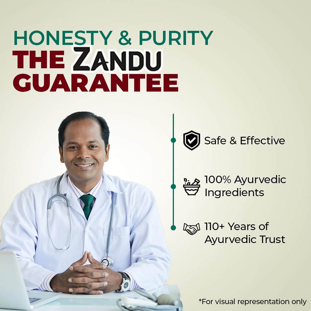Advertisement featuring a doctor with text about Zandu's guarantee of honesty, purity, safety, effectiveness, and traditional ingredients.