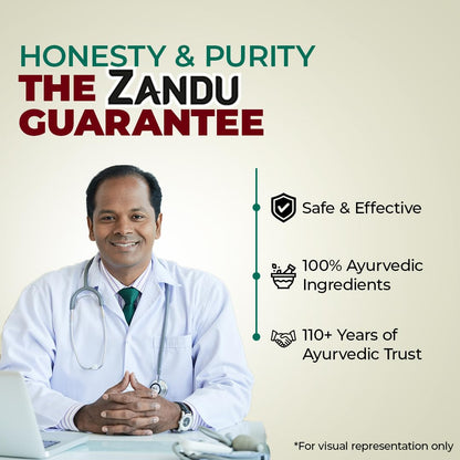 Advertisement featuring a doctor with text about Zandu's guarantee of honesty, purity, safety, effectiveness, and traditional ingredients.