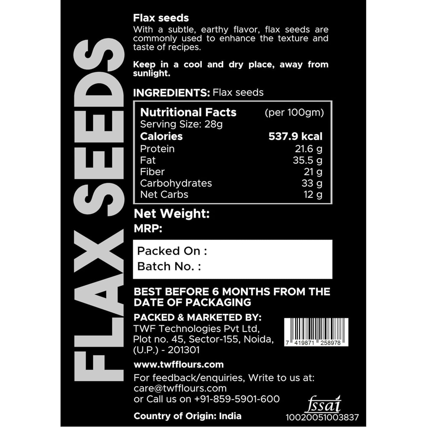 TWF Virgin Flax Seeds | AAA Grade Seeds for Eating | Rich In Protein & Dietary Fibre | Supports Weight Loss | Alsi Seeds | No Artificial Additives or Harmful Pesticides | Resealable Pack | Diet Snack | Unroasted | Unsalted | Highest Natural Potency