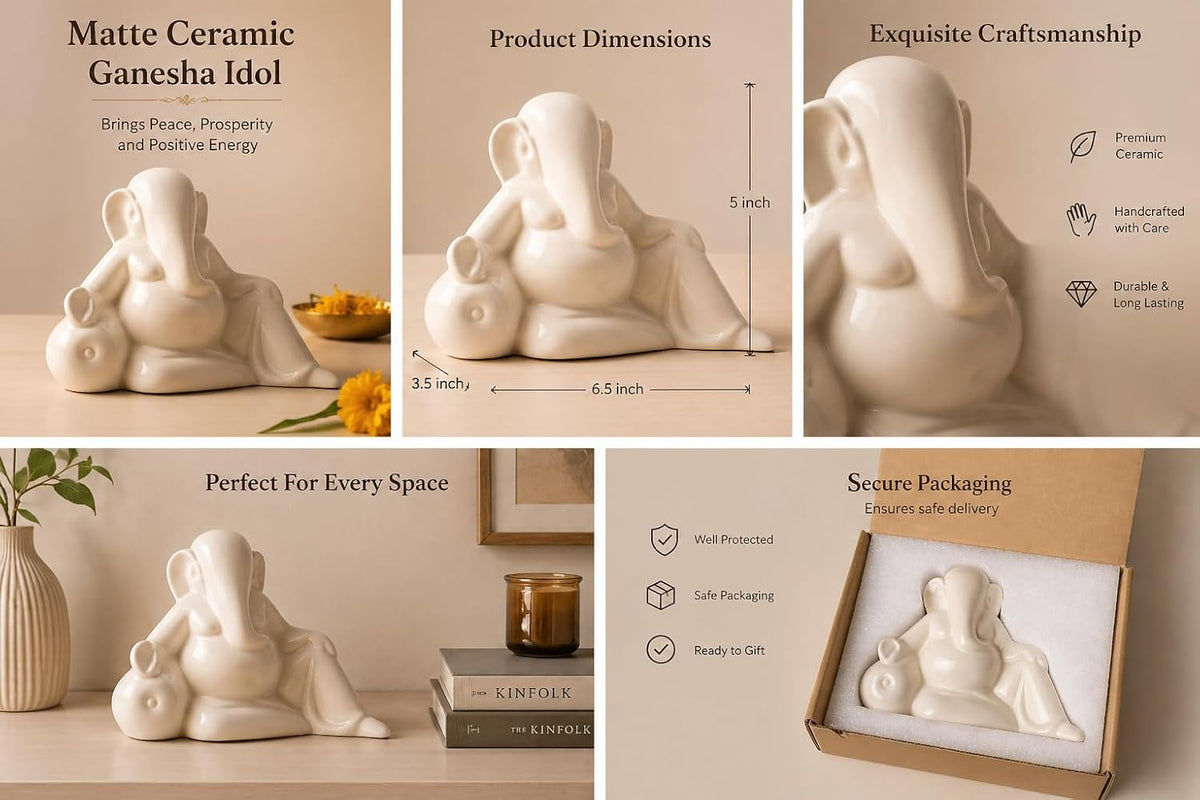 Ceramic Ganesha Idol Rose Shape - 11CM | Decorative Ganesh Ji Murti for Car Dashboard, Home Decor, Figurine Decoration & Pooja