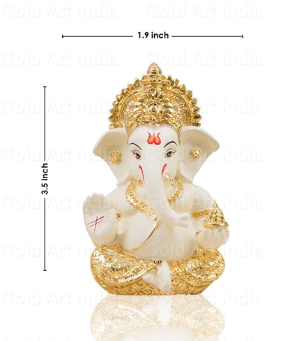 Gold Art India Ganesha Gold Plated Idol for Car Dashboard Ganesha Murti Ganpati Idol for Home Decor Puja Lord Ganesh Statue Gift for Office Desk Puja Room Figurine (Gold and Cream)