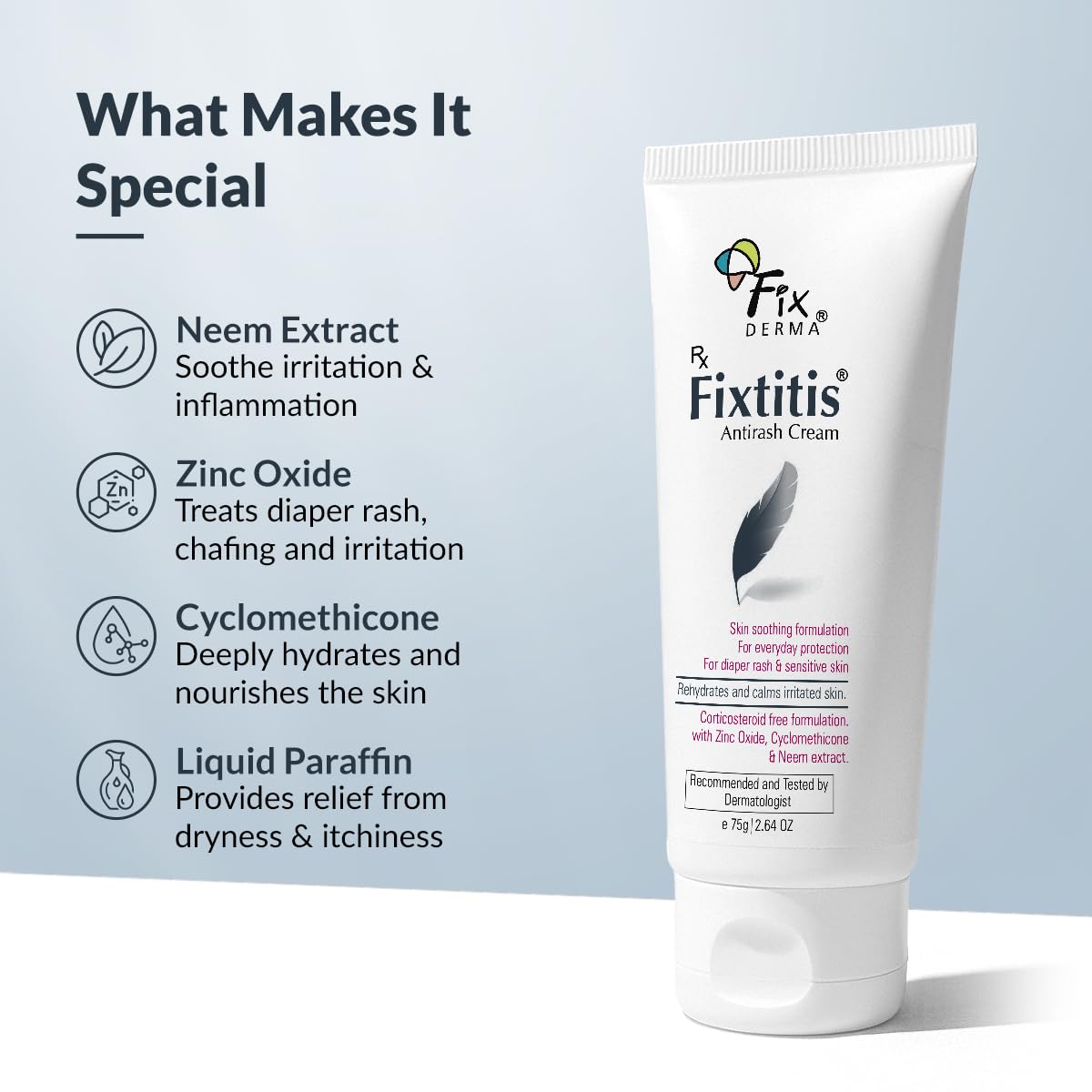 Fixderma 15% zinc oxide Fixtitis Anti Rash Cream | Diaper rash cream for baby | Softening the Rough Skin, Soothing and Healing | Rash Cream for Sensitive Skin - 75 gm