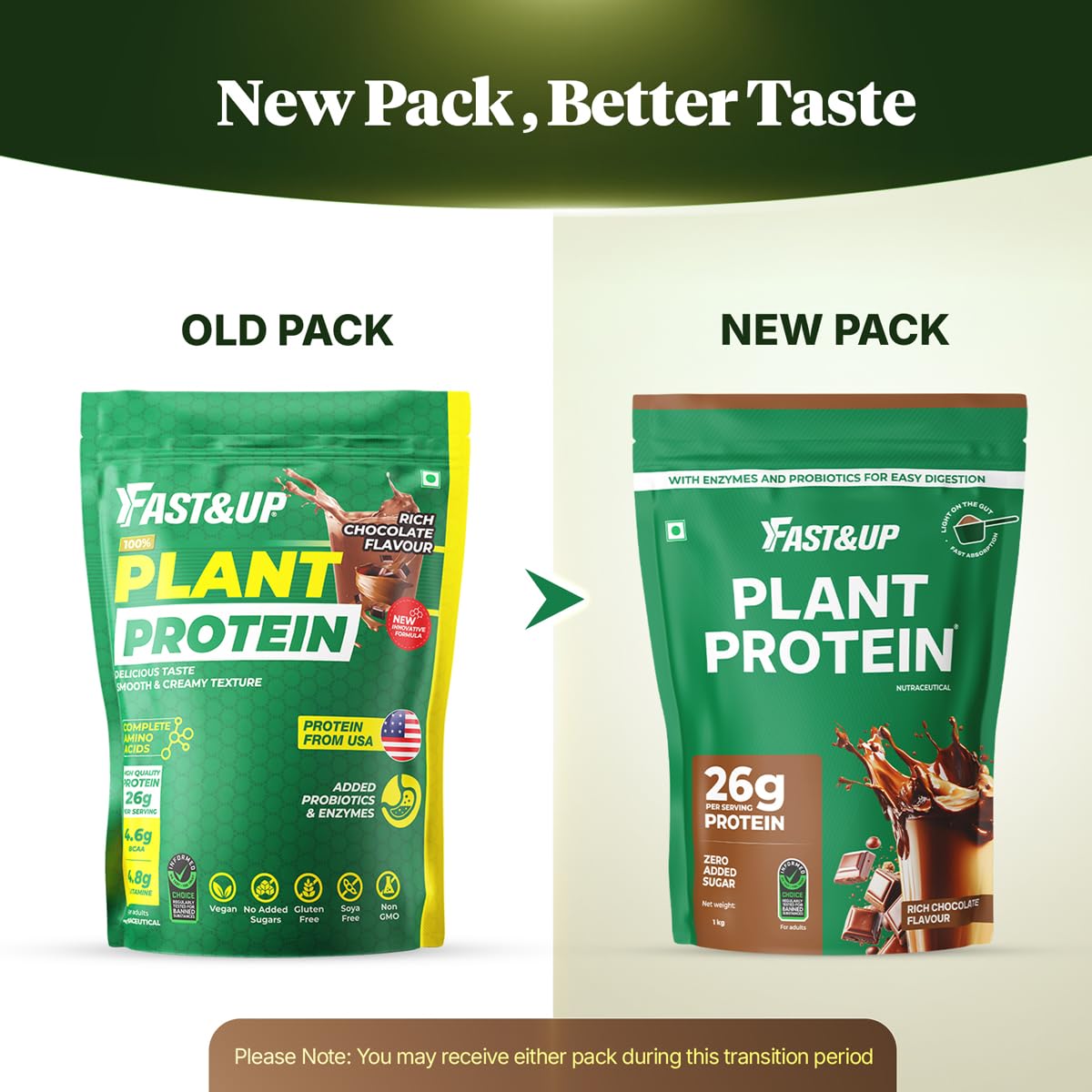 Fast&Up Plant Protein Powder with Rich Chocolate Flavour | Pea Isolate & Rice Protein | 26gm Protein Per Serve | Complete Amino Acids with 4.6g BCAA | Smooth & Tasty with No Added Sugar | Easy to Digest | Tested & Certified, 1kg Pouch