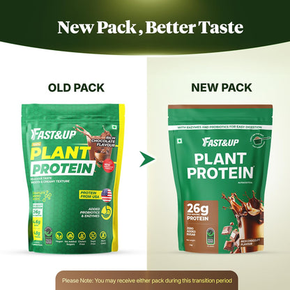 Fast&Up Plant Protein Powder with Rich Chocolate Flavour | Pea Isolate & Rice Protein | 26gm Protein Per Serve | Complete Amino Acids with 4.6g BCAA | Smooth & Tasty with No Added Sugar | Easy to Digest | Tested & Certified, 1kg Pouch