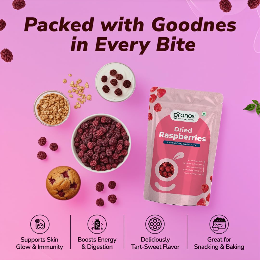 Granos Premium Dried Raspberries 150g, Dried Fruit, Healthy & Tasty, Gluten Free, Vegan, Rich in Fibre & Antioxidant, No Preservative, Support Digestion, Sourced from USA (Pack of 1)