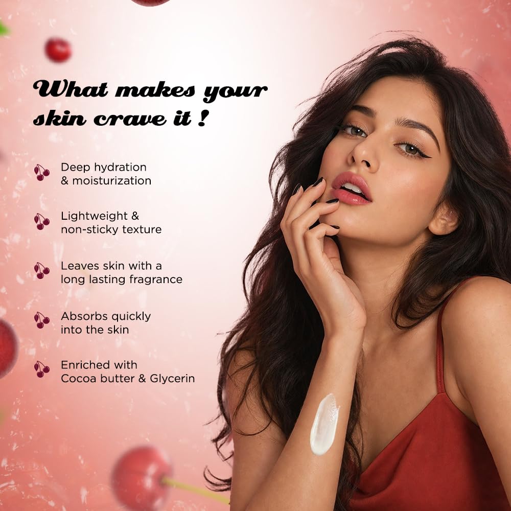 Woman with skincare product on arm against a pink background with cherry graphics