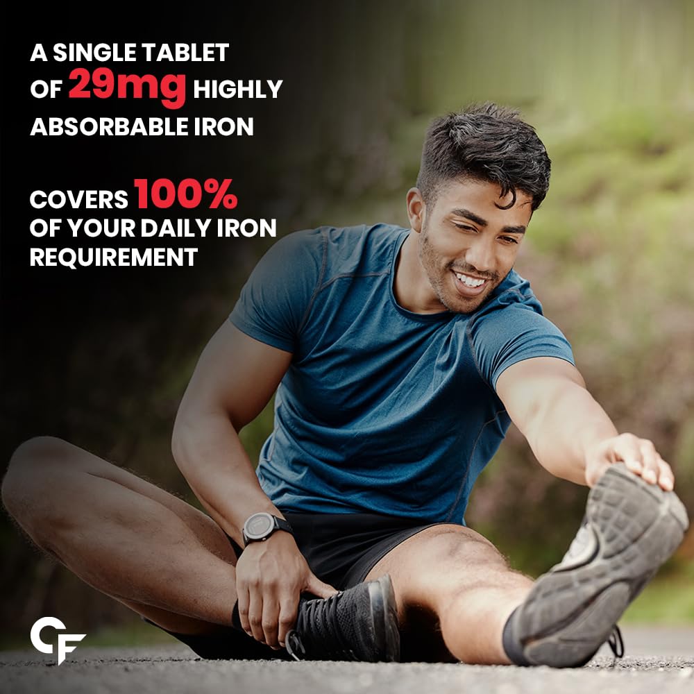 Man stretching outdoors with iron supplement advertisement text overlay